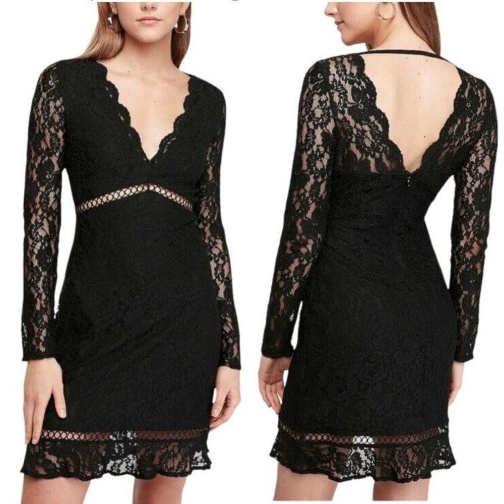 Express Scalloped Black Lace V Neck Mini Sheath Dress Large Party Cut Outs Vtg - Picture 7 of 16